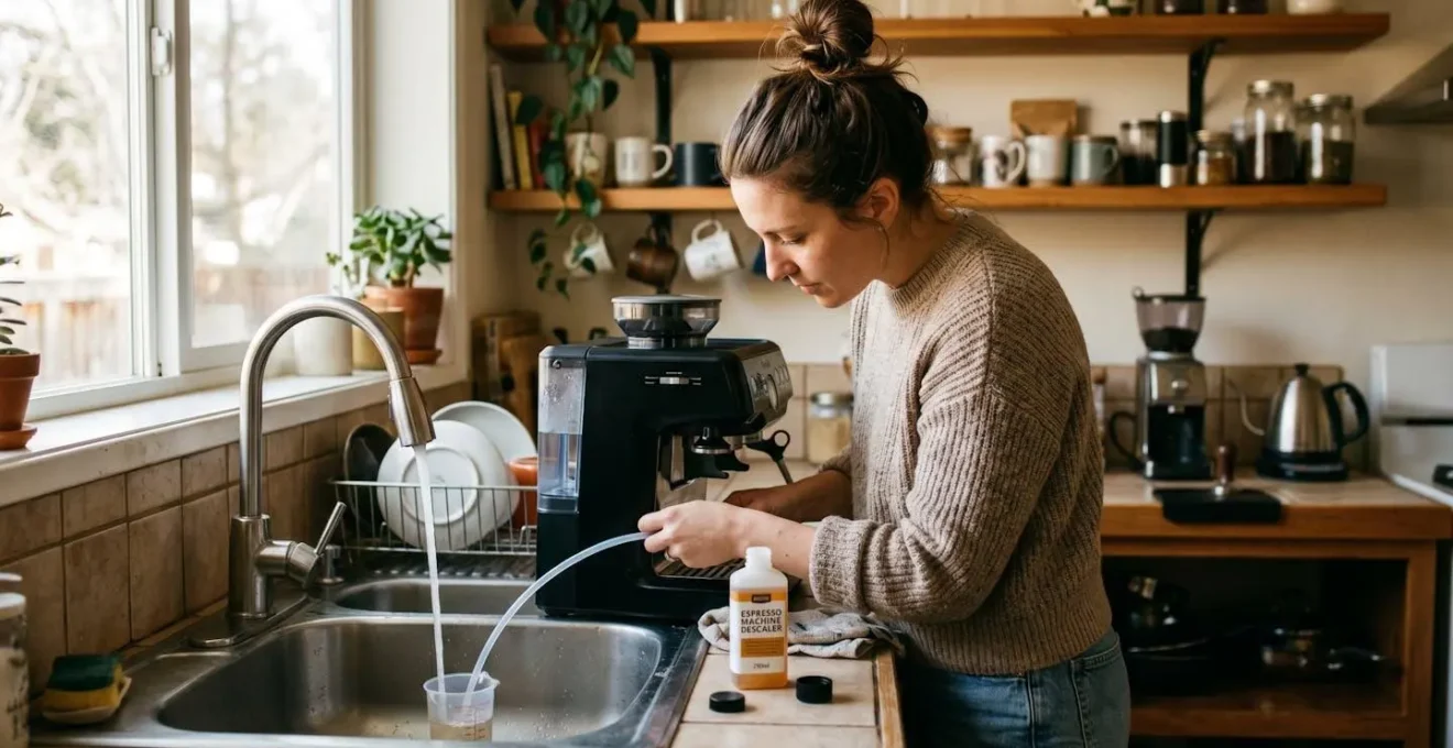 Personne effectuant le détartrage d'une machine à expresso compacte sur un évier de cuisine, flacon de produit détartrant visible