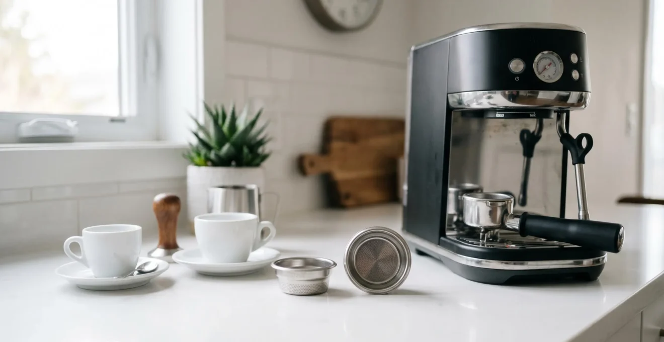 Deux filtres interchangeables posés à côté d'une machine à expresso, une tasse simple et une double tasse visibles