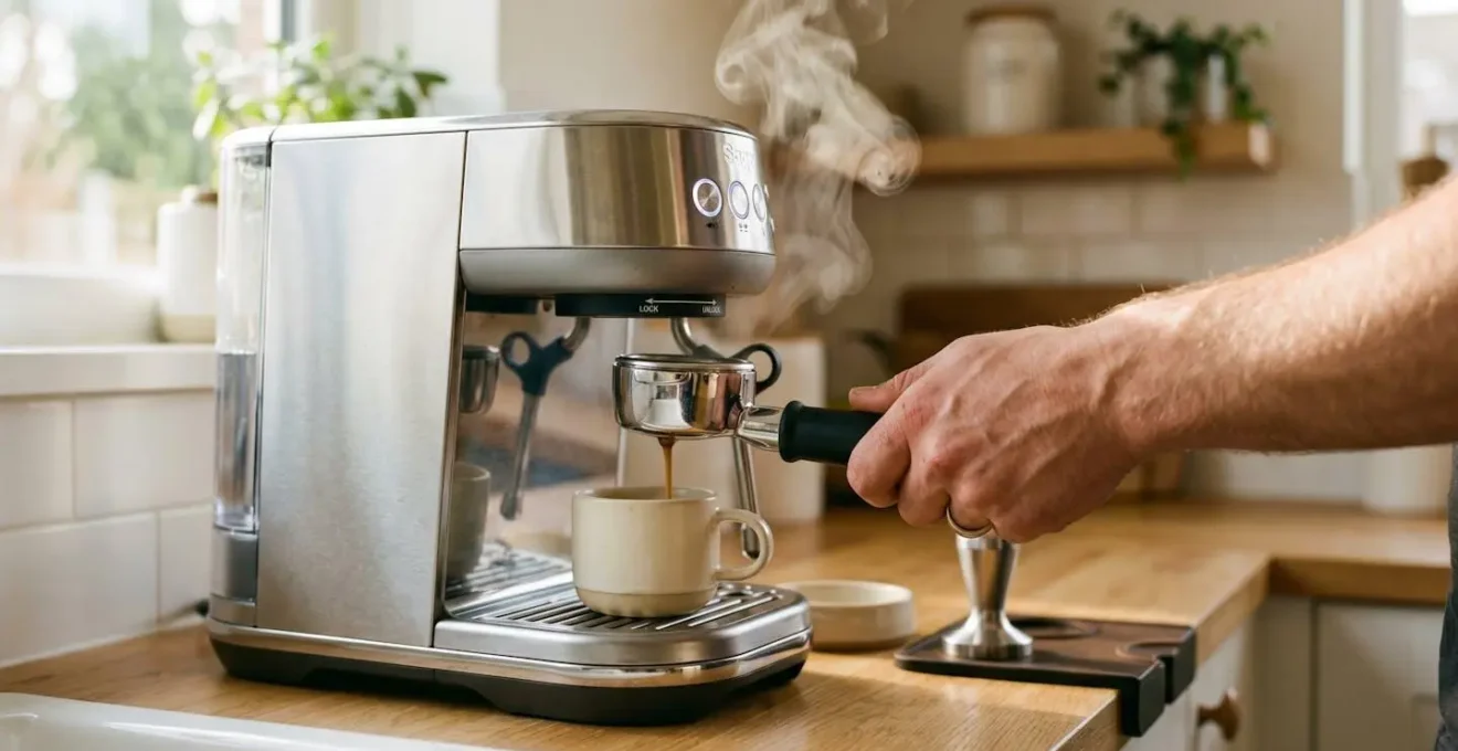 Mains d'une personne préparant un expresso avec une machine compacte sur un plan de travail de cuisine moderne