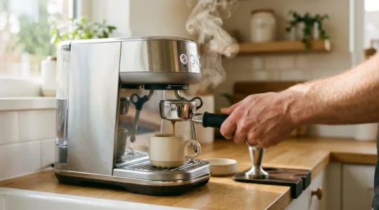 Mains d'une personne préparant un expresso avec une machine compacte sur un plan de travail de cuisine moderne