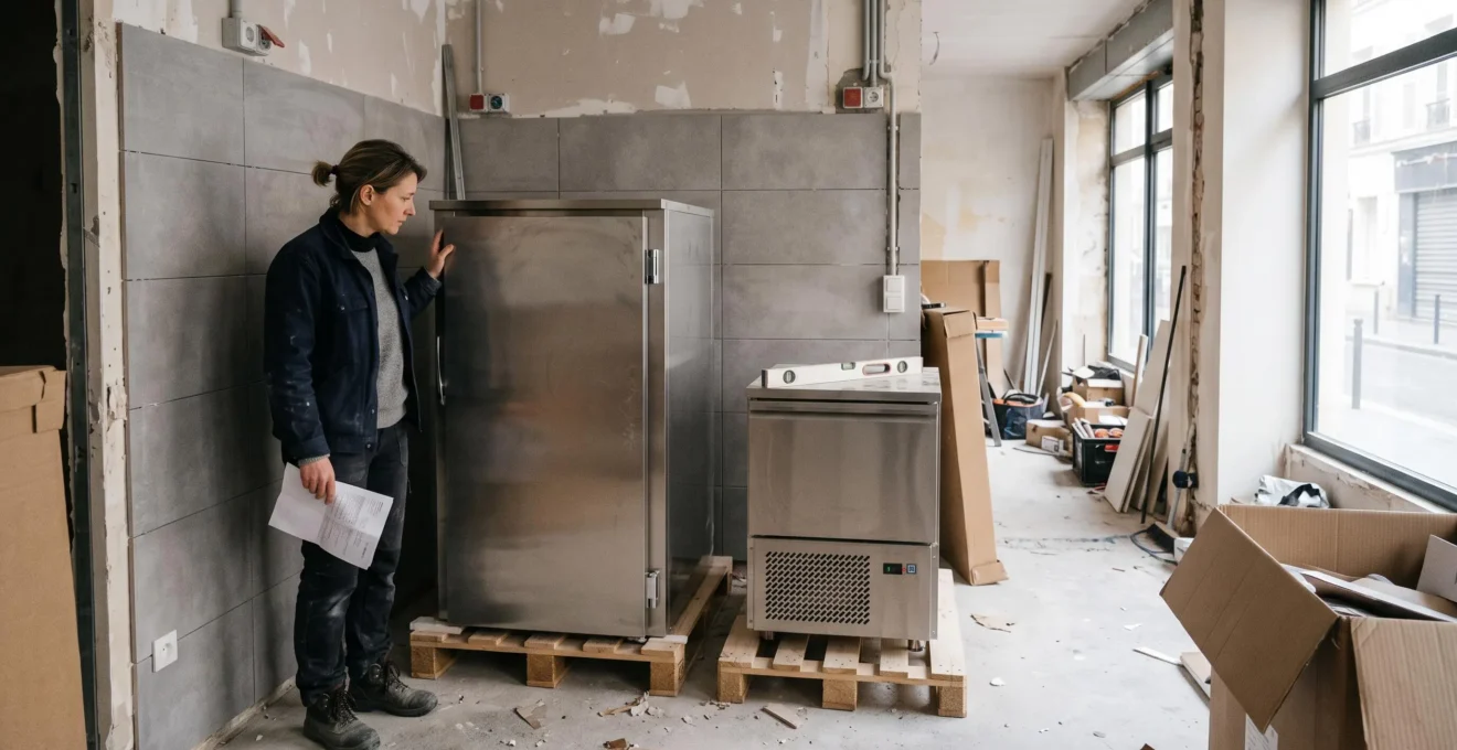 Une boulangère vérifie l'installation d'une chambre de pousse et d'une tour réfrigérées d'occasion livrées dans son futur laboratoire.