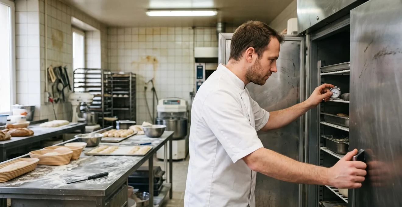 Un pâtissier ouvre la porte d'une tour pâtissière réfrigérée d'occasion rénovée dans son laboratoire.