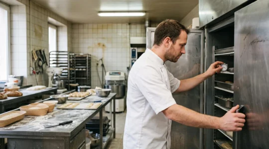 Un pâtissier ouvre la porte d'une tour pâtissière réfrigérée d'occasion rénovée dans son laboratoire.